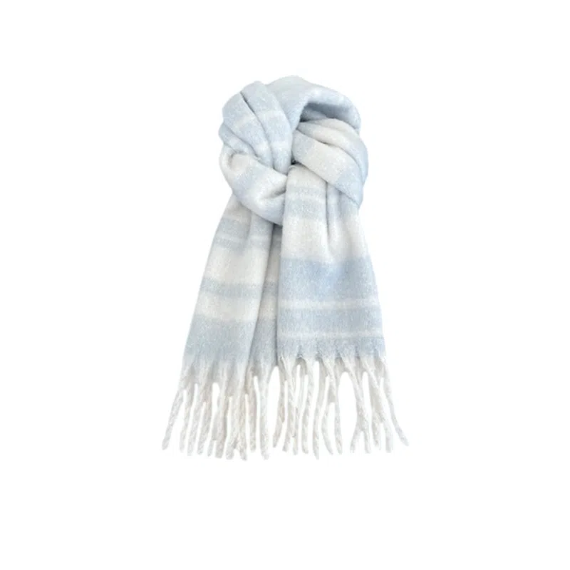 千桐 流苏浅蓝拼色条纹小清新温柔暖系晴空氛围感 涤纶、棉 绒线围巾 男女同款情侣款