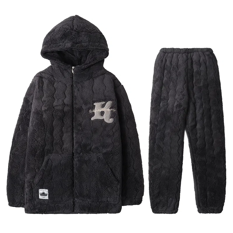 兰缪 连帽三层夹棉袄保暖家居服长袖长裤睡衣套装 男款 图片色