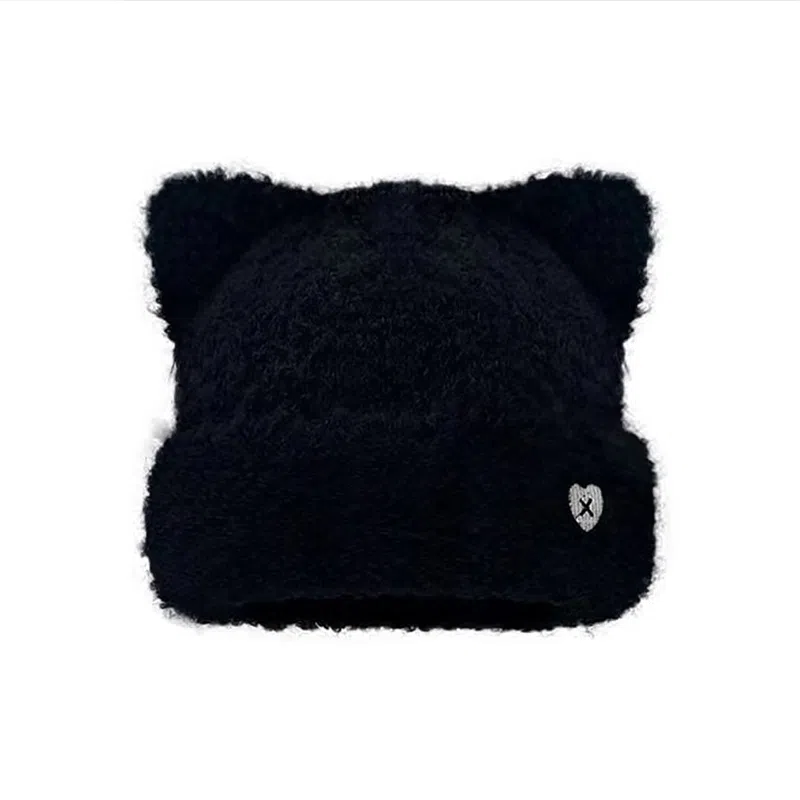 千桐 可爱猫耳爱心标 冬日保暖少女可爱萌系 小蛋糕 聚酯纤维 毛绒帽 男女同款情侣款