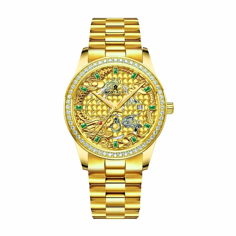 梦特娇 法国轻奢大品牌 男款商务手表 高端腕表 镶钻小金表 时尚休闲 礼袋礼盒 送人 学生 父亲 自动机械机芯 精钢表带 男女同款 金色表盘