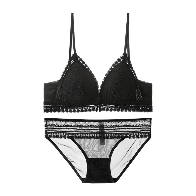 内在密码 前扣美背女士低胸薄款小胸专属性感纯欲蕾丝法式三角杯内衣裤套装 女款