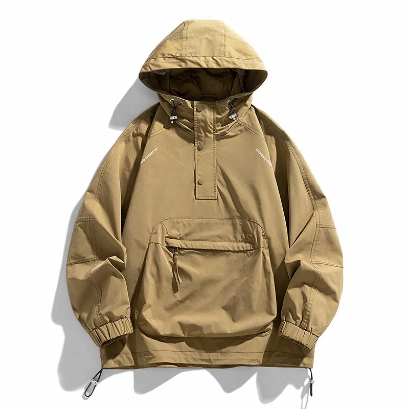 美式高街户外纯色宽松连帽套头袋鼠袋下摆防风弹力扣长袖夹克外套 男女同款