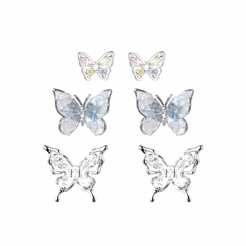 零界 液态金属 灵动幻彩 冰蓝渐变 蝴蝶清冷风法式三件套 合金 耳钉 男女同款情侣款