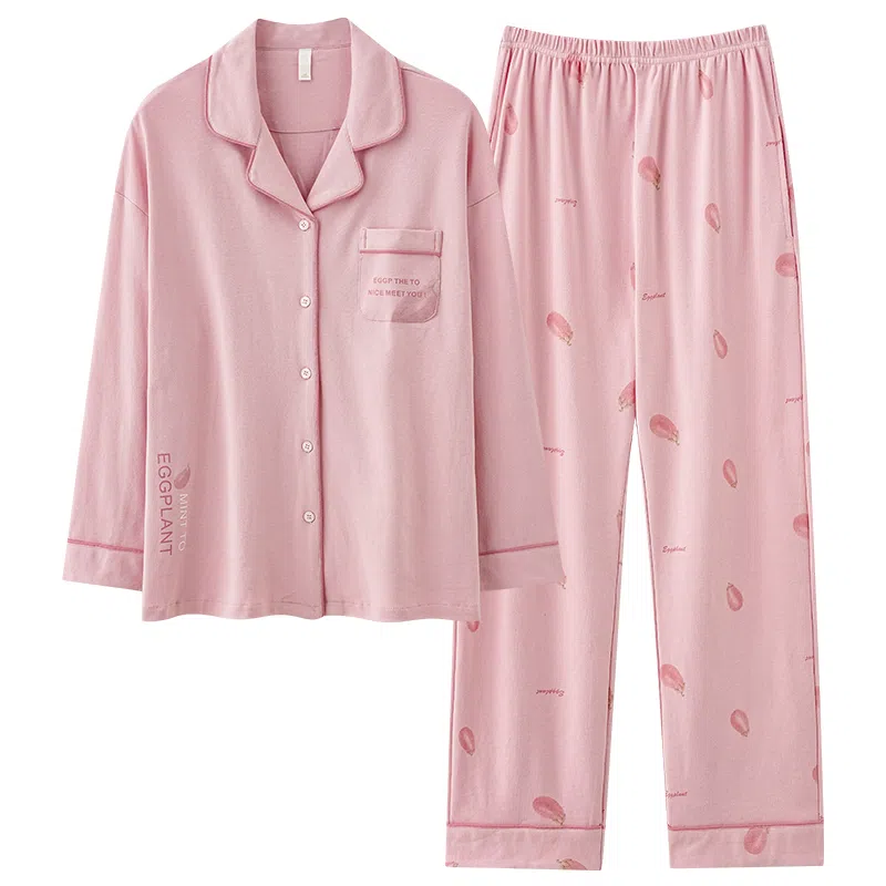夏芬妍 休闲舒适简约高级感茄子字母印花经典翻领开衫家居服宽松柔软亲肤长袖长裤可外穿睡衣套装 女款 粉色