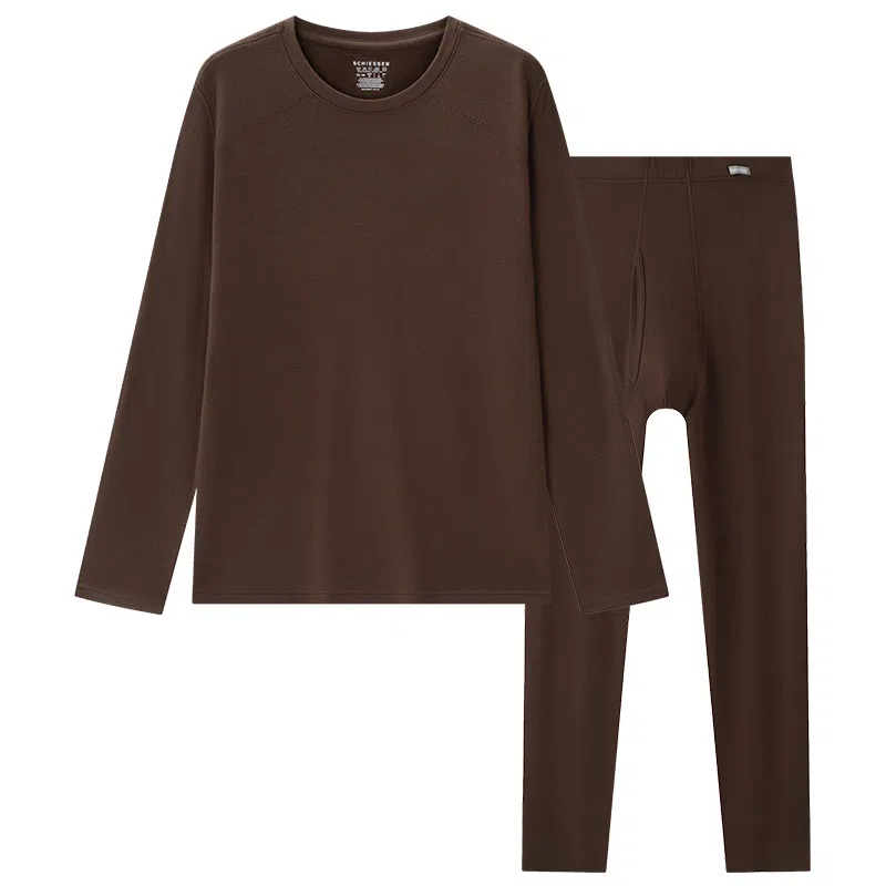 舒雅 羊毛圆领无痕纯色保暖套装 男款