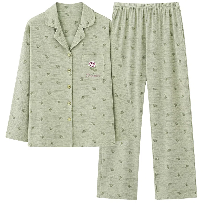 夏芬妍 休闲舒适简约高级感花朵满印经典翻领开衫家居服宽松柔软亲肤长袖长裤可外穿睡衣套装 女款 绿色