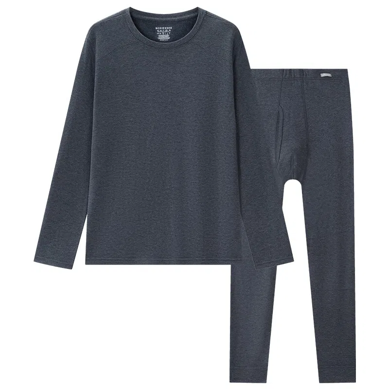 舒雅 羊毛圆领无痕纯色保暖套装 男款