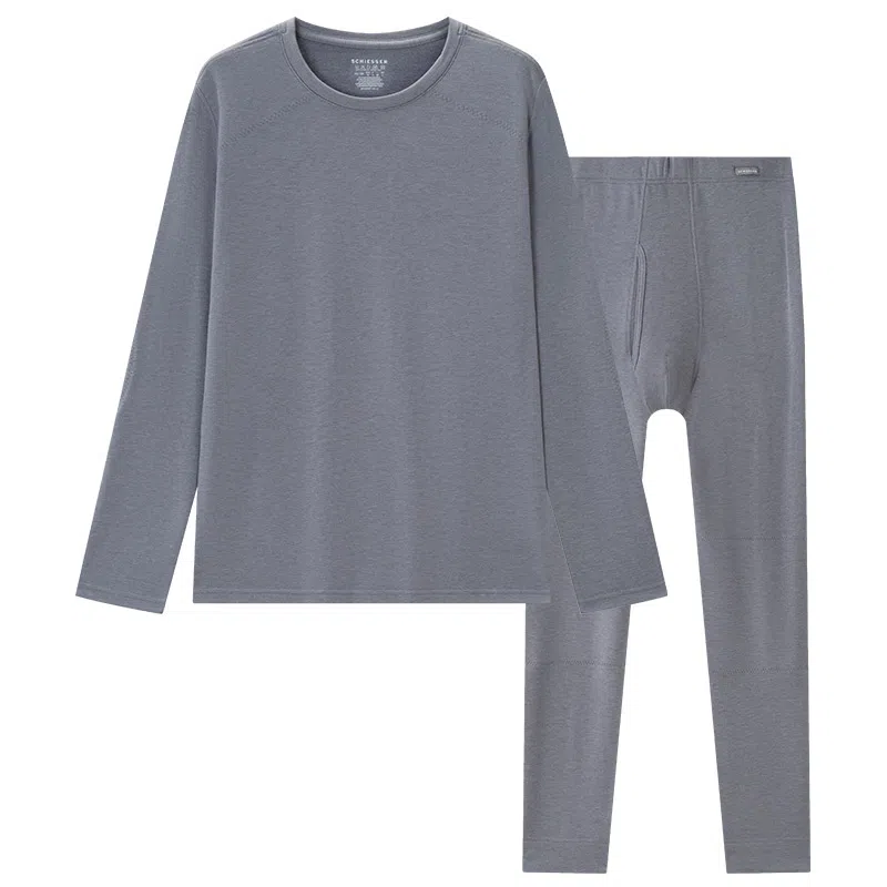 舒雅 羊毛圆领无痕纯色保暖套装 男款