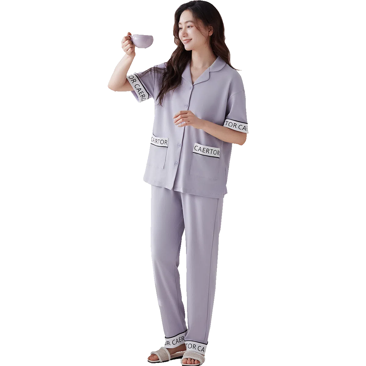 欧迪芬 轻弹亲肤透气薄款短袖长裤家居服可外穿睡衣套装 女款 紫色