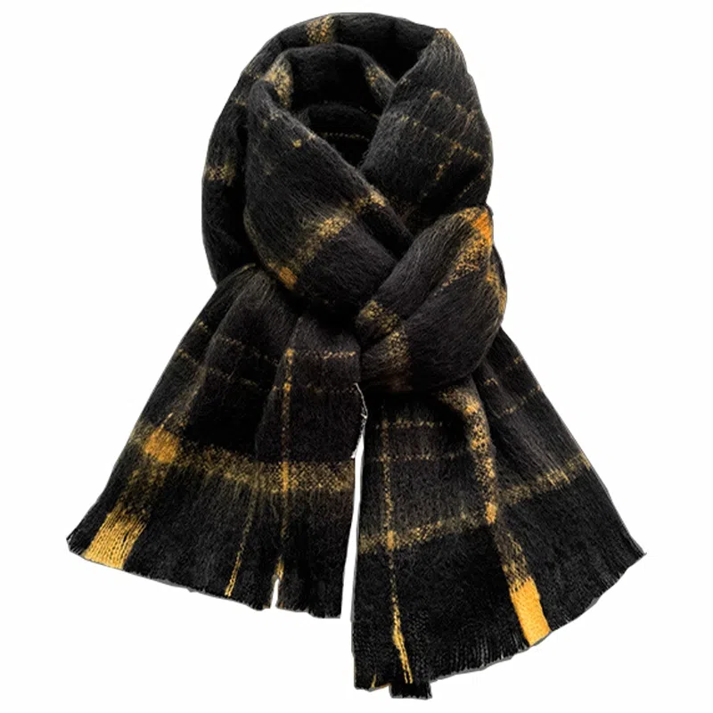 千桐 大格子简约时尚加厚保暖高级日杂系 聚酯纤维 绒线围巾 男女同款情侣款