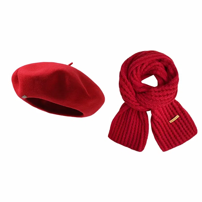 【元 旦新年红】 南极人 秋冬季韩系复古氛围感八角帽子红色围巾两件套显脸小保暖围脖百搭立体 羊毛 贝雷帽 女款