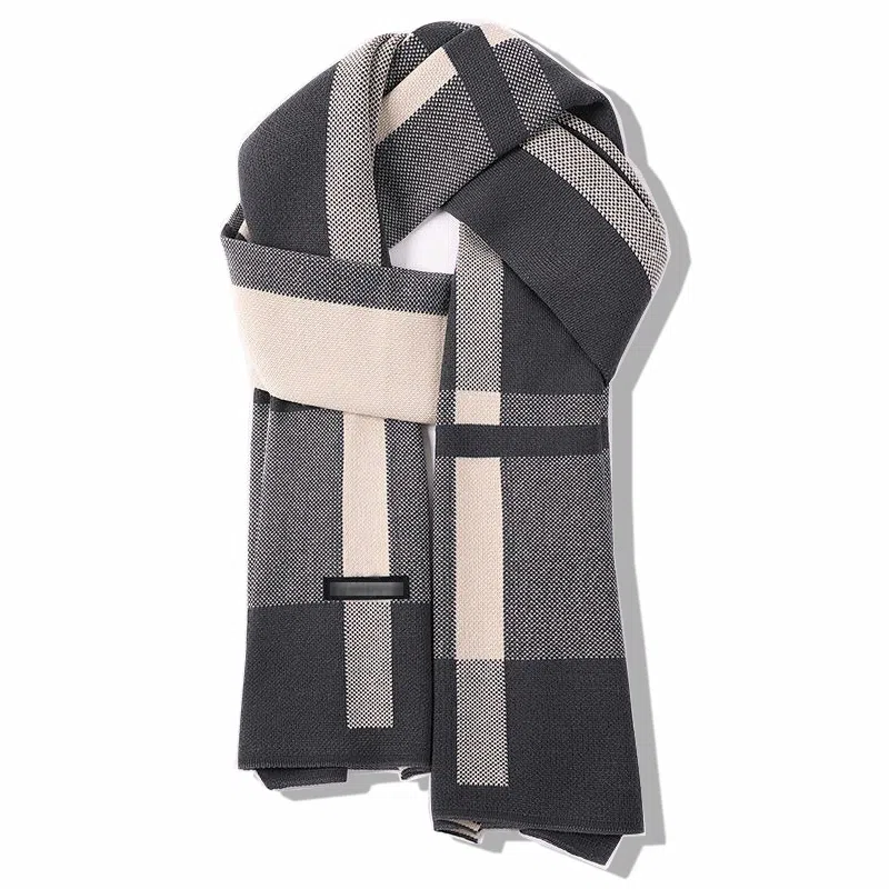 千桐 【秋冬必备】韩系加厚保暖防寒格子粗条纹拼接短款 绒线围巾 男女同款情侣款