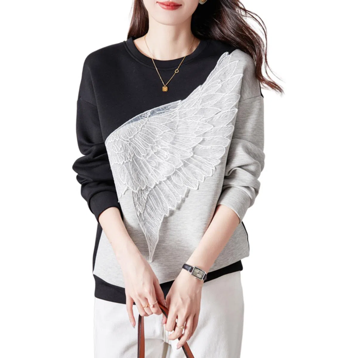 【dme】 撞色圆领套头翅膀刺绣落肩长袖卫衣 女款 灰色