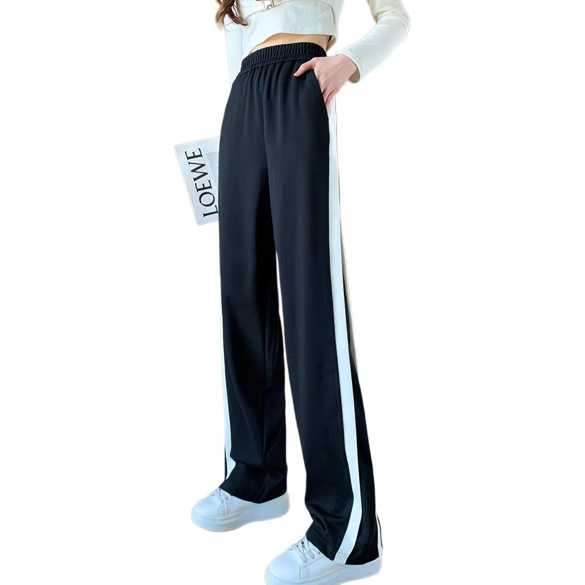 【dme】 侧边双条纹阔腿针织运动裤 女款 黑色