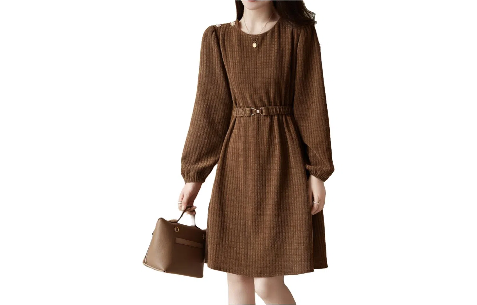 【dme】 纯色收腰圆领长袖连衣裙