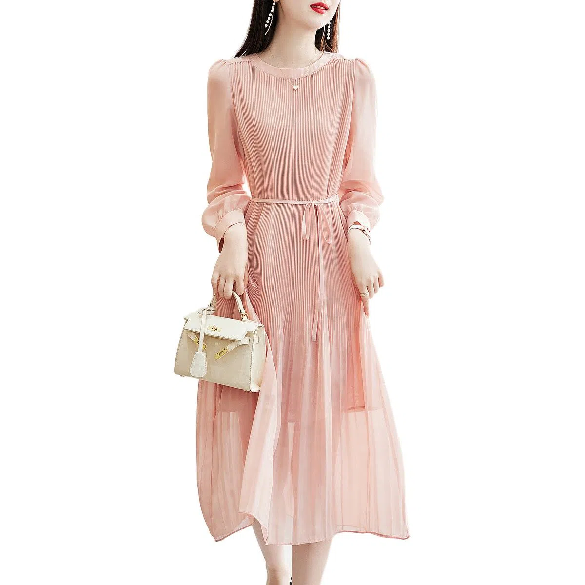 【dme】 纯色圆领雪纺长袖连衣裙 女款