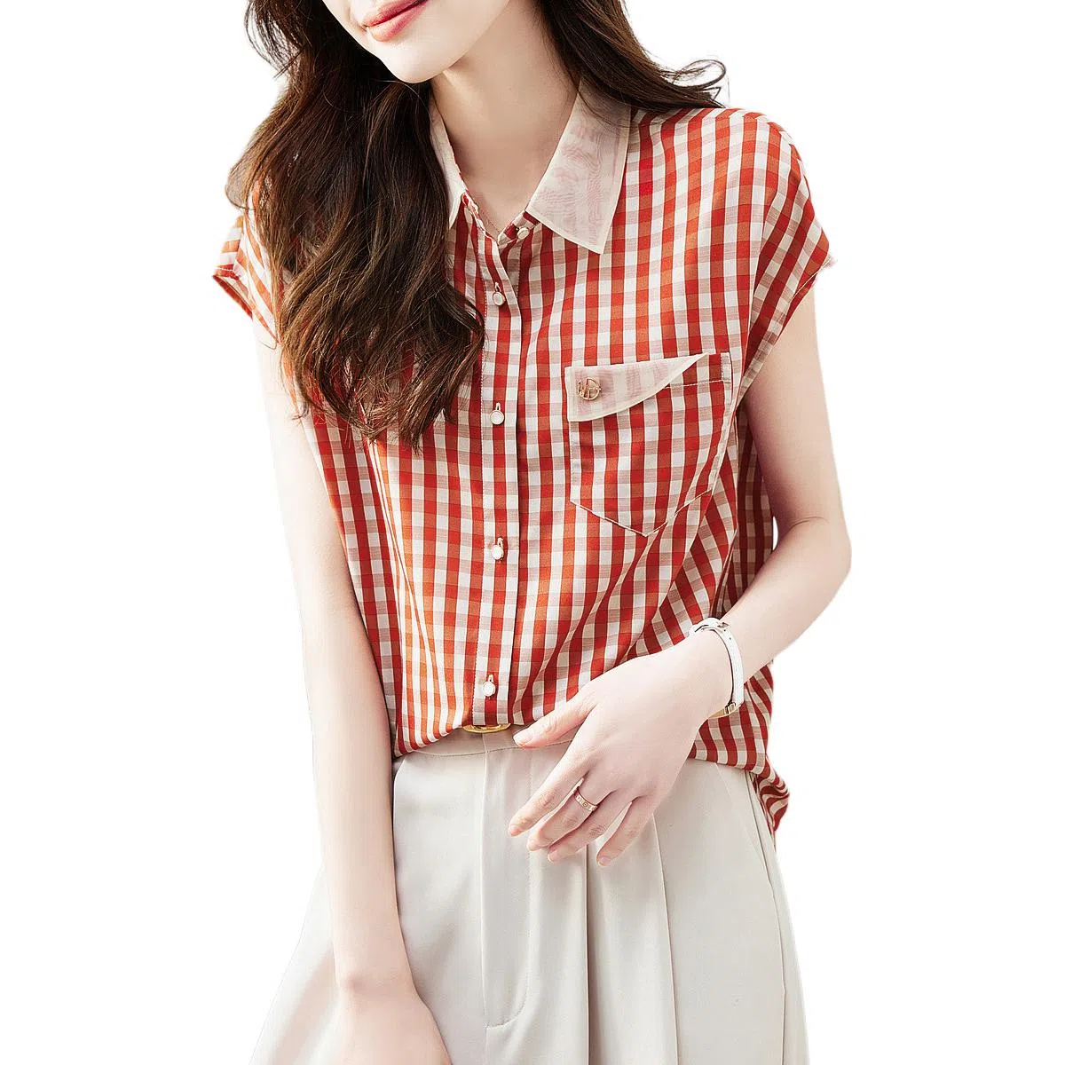 【dme】 休闲宽松格子印花短袖衬衫 女款 橙红