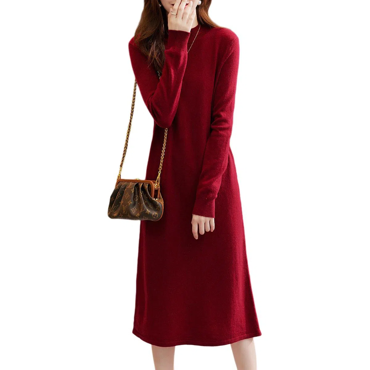 【dme】 纯色半高领简约中腰休闲长袖连衣裙 女款