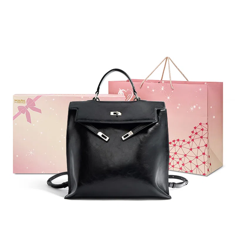 Fairwhale Classic Leather Backpack Black Khaki