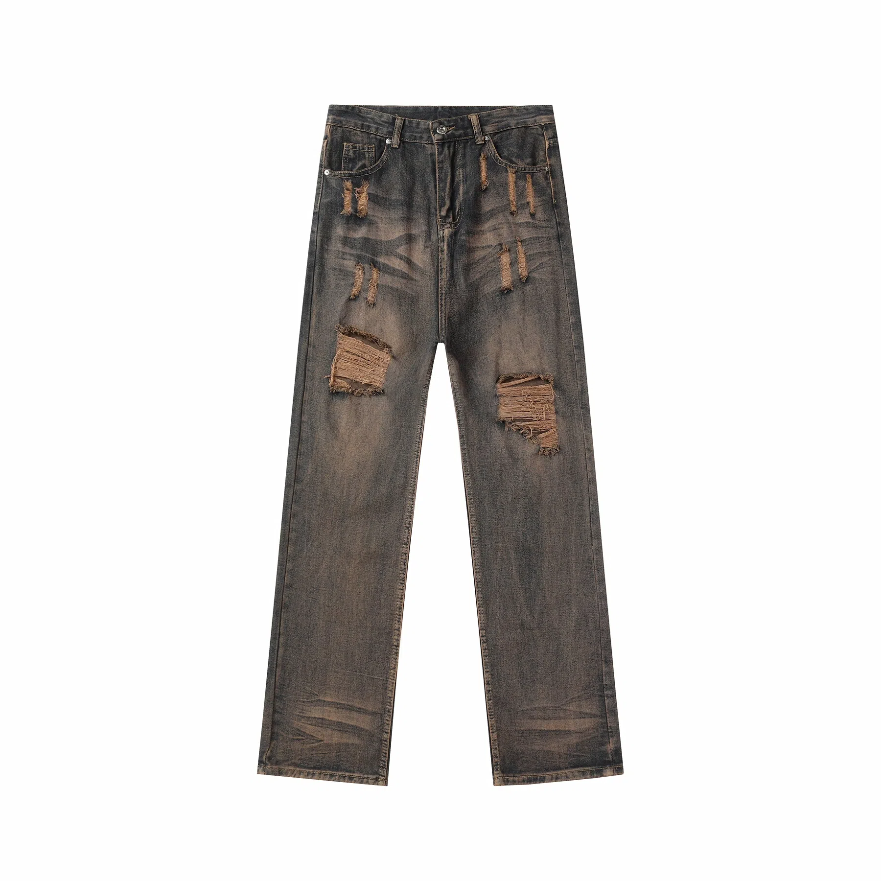 美式复古破洞废土风水洗做旧高街牛仔裤 男女同款