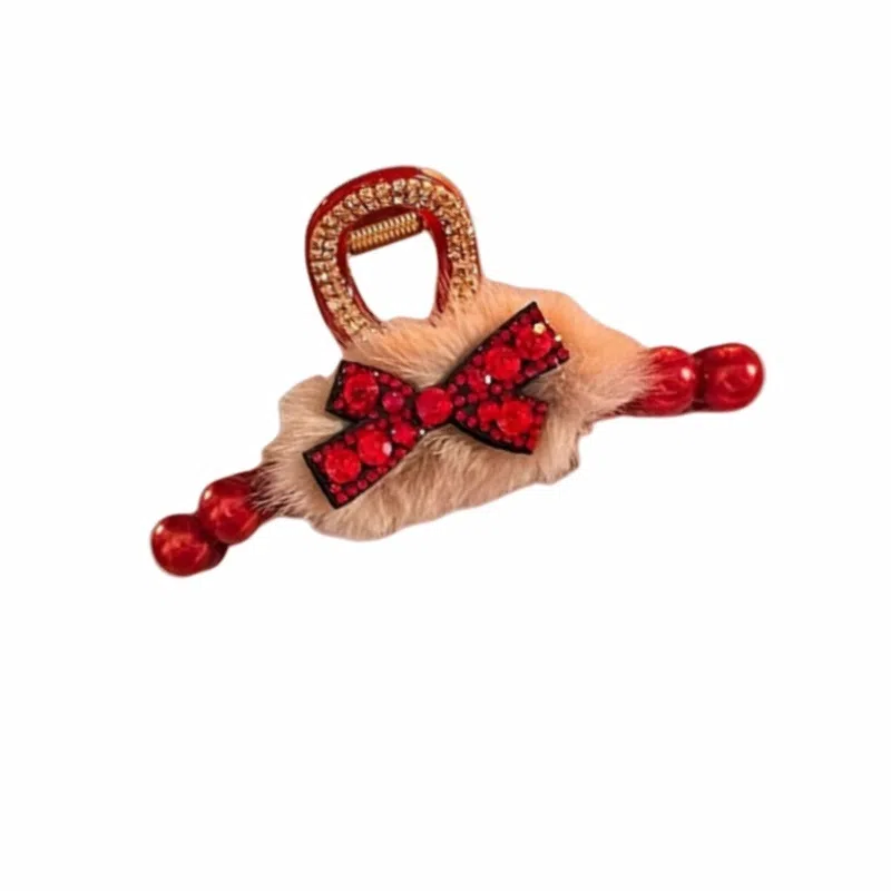 丹琴 本命年红色毛绒蝴蝶结抓夹高级感后脑勺盘发鲨鱼夹头饰 亚克力 发夹 女款