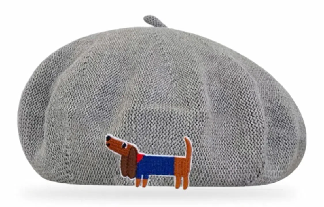 优幽兰 针织刺绣狗狗韩版复古大头围甜妹氛围感保暖防寒休闲 聚酯纤维 贝雷帽 女款