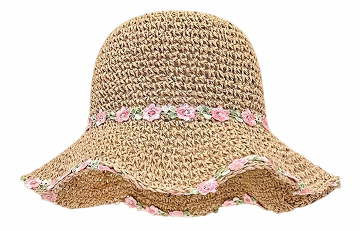 优幽兰 复古田园风花朵法式甜美编织草帽大帽檐显脸小防紫外线遮阳帽夏季海边度假沙滩帽可折叠 纤维素材料 防晒帽 女款