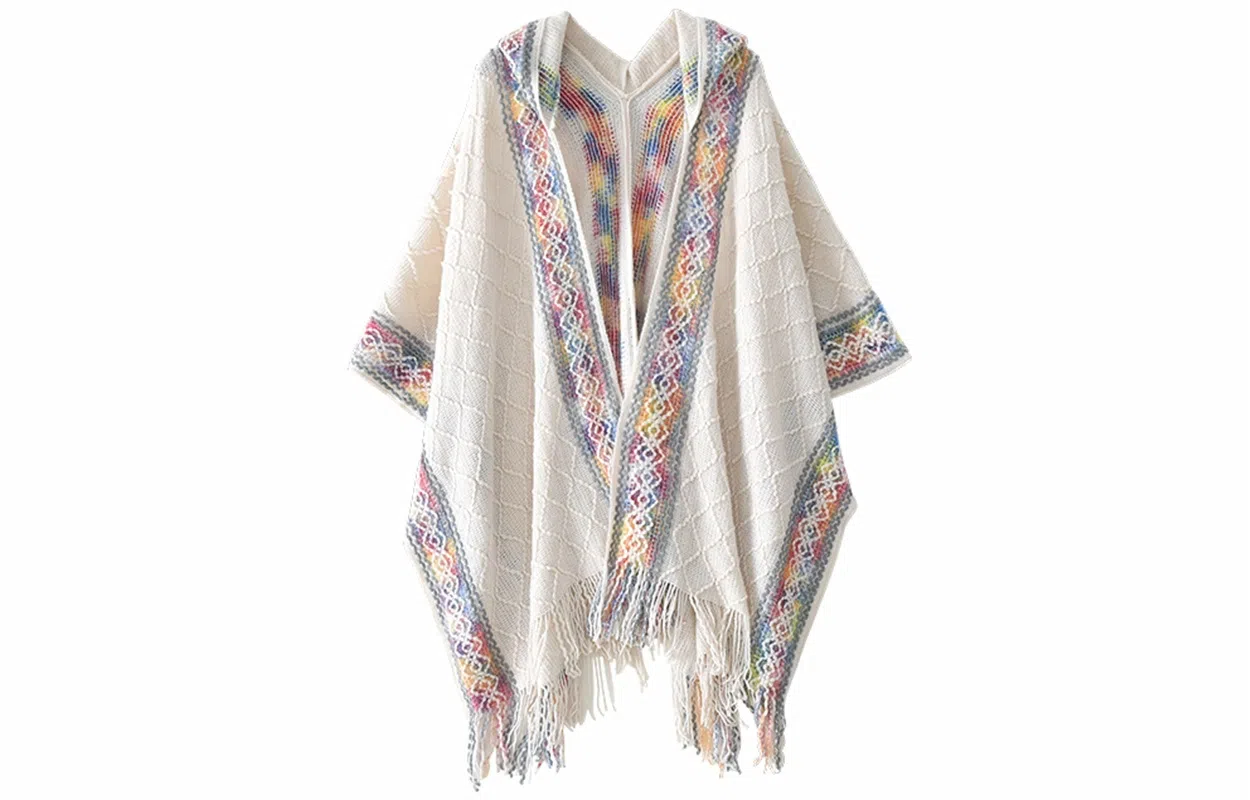 优幽兰 民族风针织流苏披风小众设计感彩色保暖斗篷外套云南川西旅游度假拍照打卡穿搭 聚酯纤维 披肩 女款
