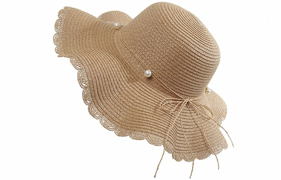优幽兰 小清新波浪檐蝴蝶结韩版沙滩海边旅行可折叠 纤维素材料和聚酯纤维 珍珠 防晒帽 女款
