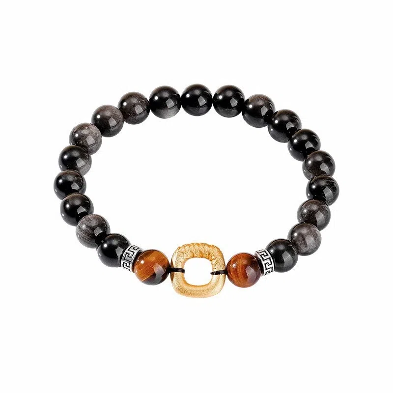 琅风 龙纹平安扣黑曜石国风有质感低调 虎眼石 手串 男款