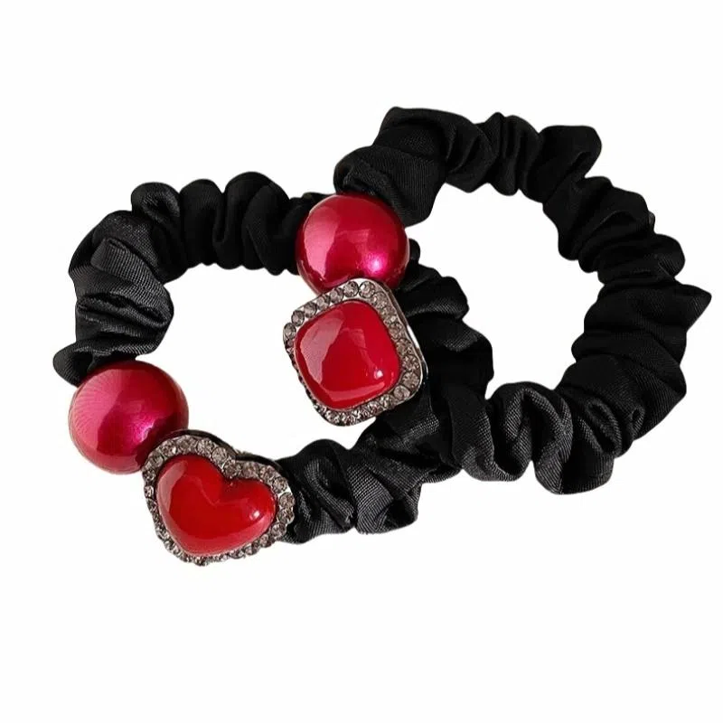 丹琴 红色喜庆水钻高马尾丸子头小肠圈皮筋头饰 布艺 头绳 女款