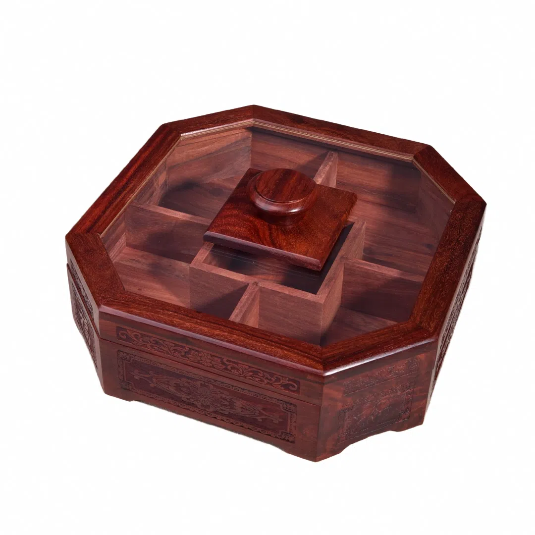 書卓 复古风简约大气 八角雕花果盘  榫卯结构 精细打磨 大富大贵#好运 血檀 摆件 男女同款情侣款