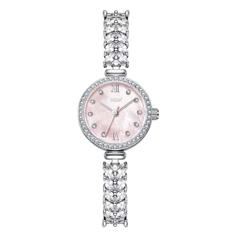 匹克手表女士款学生职场穿搭轻奢小众高级感满钻大牌正品 石英机芯 精钢表带 国表 女表 粉色表盘 防水高颜值礼盒套装