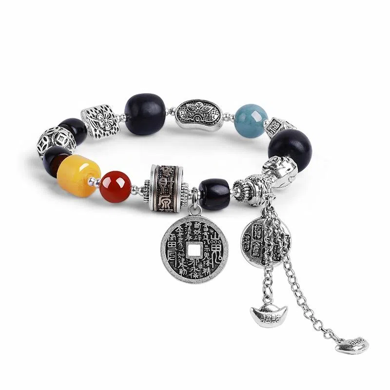 木盛缘 本命年转运国潮民族风山鬼花钱招财纳福诸事顺遂檀木文玩 黑檀 手串 男女同款情侣款