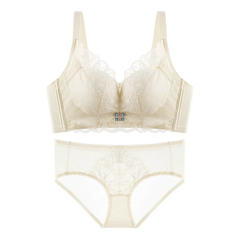 欧迪芬 舒适聚拢上托纯欲蕾丝加高全包软支撑侧收防外扩无钢圈内衣裤套装 女款