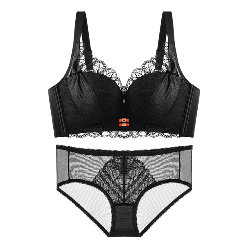 欧迪芬 舒适聚拢上托纯欲蕾丝加高全包软支撑侧收防外扩无钢圈内衣裤套装 女款