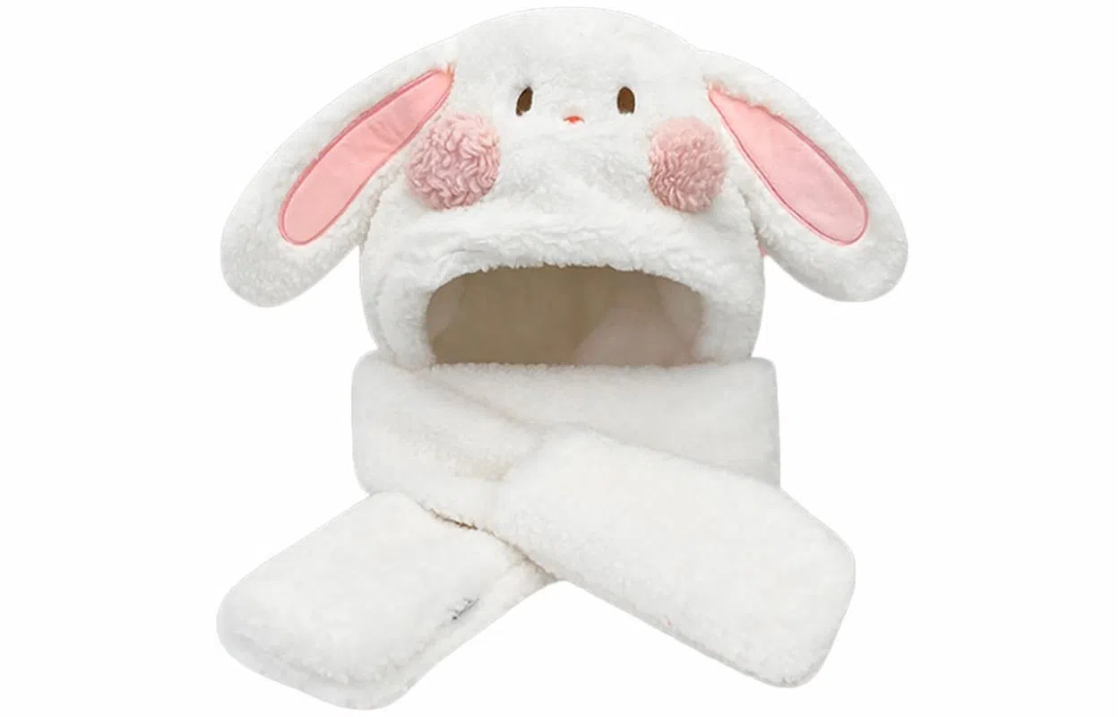 优幽兰 韩版百搭少女心兔子耳朵 一体三件套 时尚可爱加厚保暖 骑车护耳防寒 聚酯纤维 斗篷帽 女款