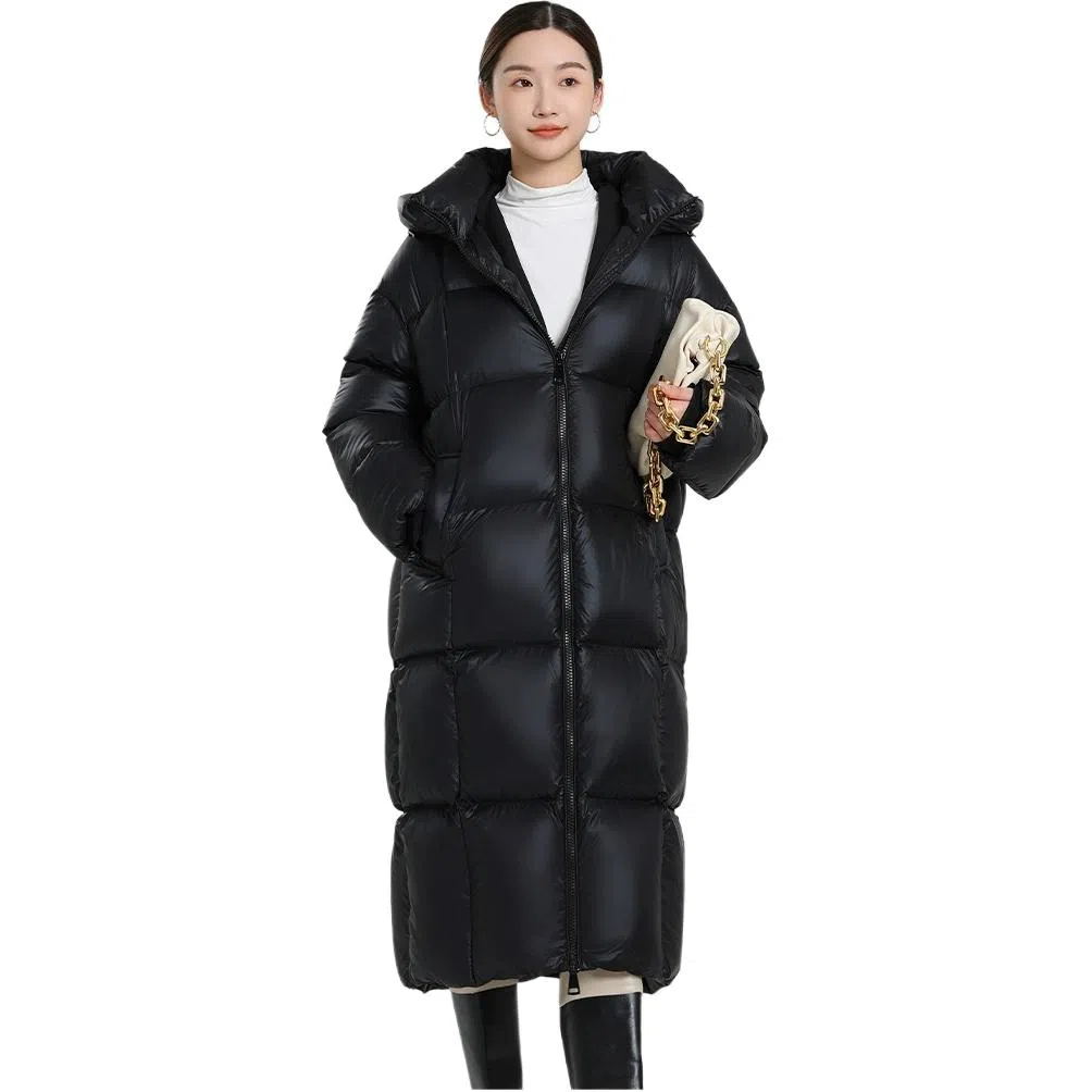 羽物 纯色连帽保暖拉链中长款羽绒服 女款