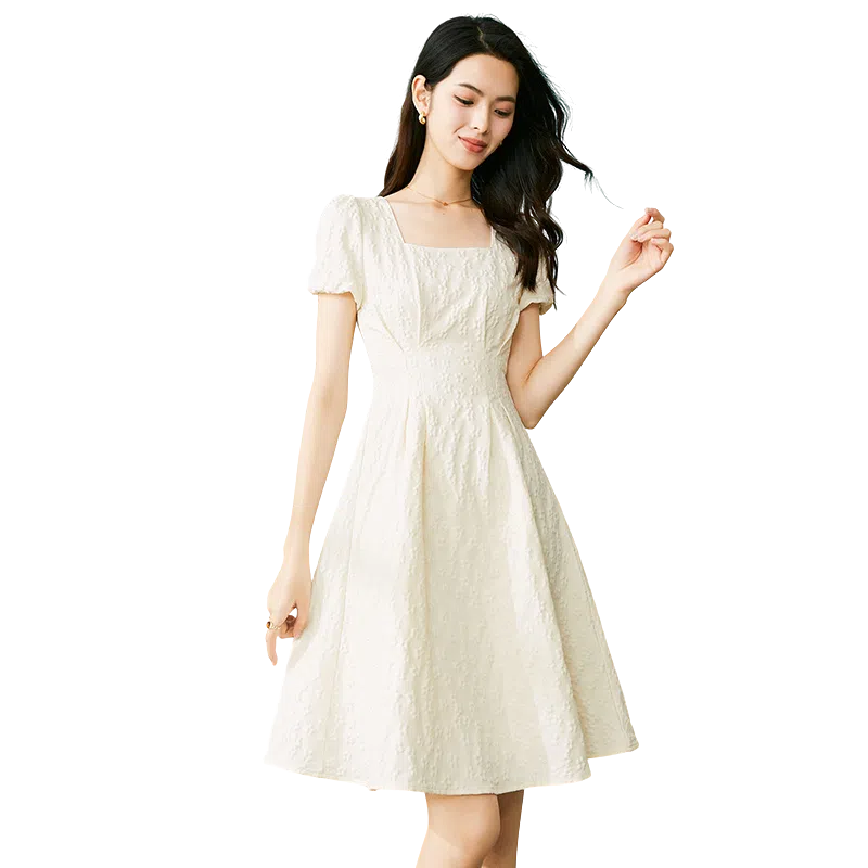 晚白 纯色方领中长款简约短袖连衣裙 女款 杏色