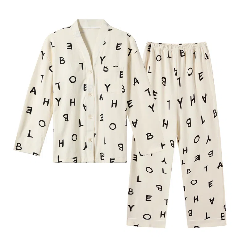 莫代尔 带胸垫防凸点舒适柔软开衫休闲长袖家居服可外穿睡衣套装 女款 杏色