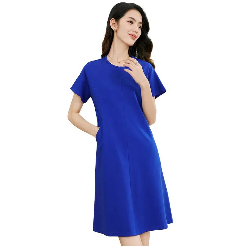 晚白  高腰圆领短袖连衣裙  女装  蓝色