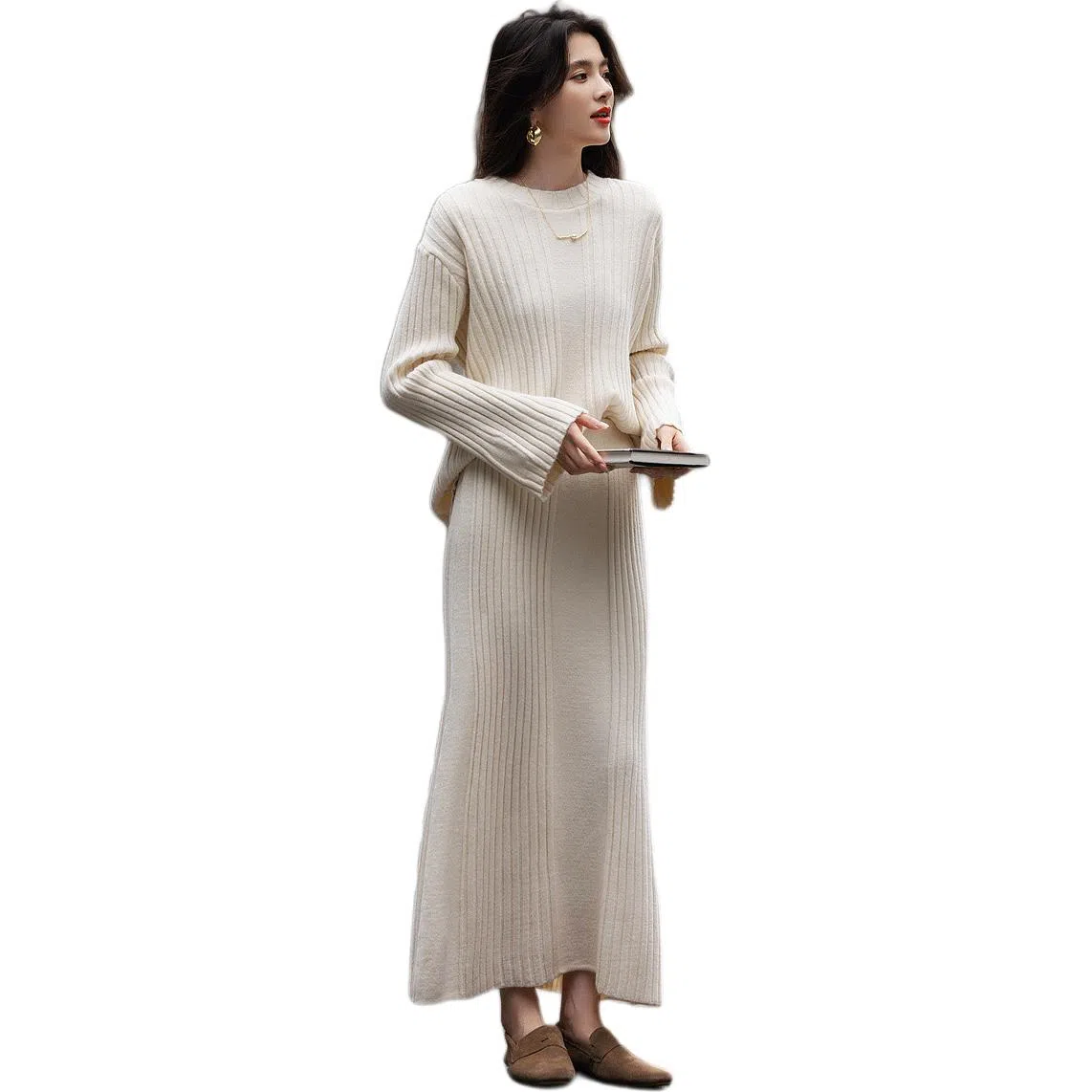 【dme】 纯色时尚简约舒适圆领长袖针织衫半身裙两件套裙装套装 女款