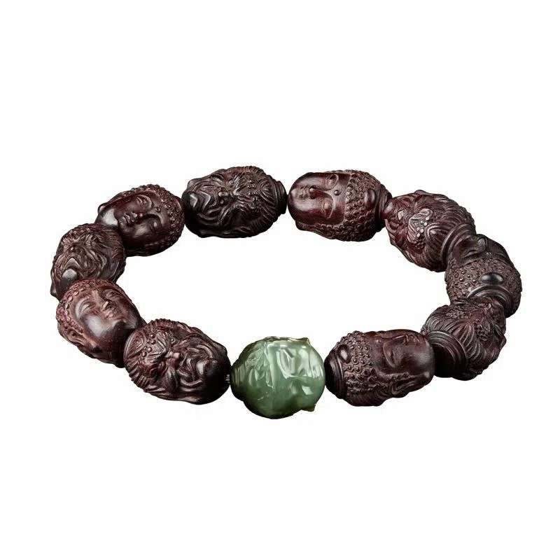 易明居 国潮新中式十八罗汉文玩佛珠 佛头檀香木质盘玩念珠  复古高级感手把件 转运珠 木作 手串 男女同款情侣款 紫檀