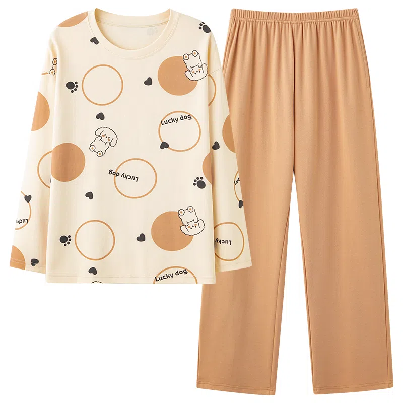 桔内 休闲舒适卡通可爱长袖长裤居家服睡衣套装 女款 杏色