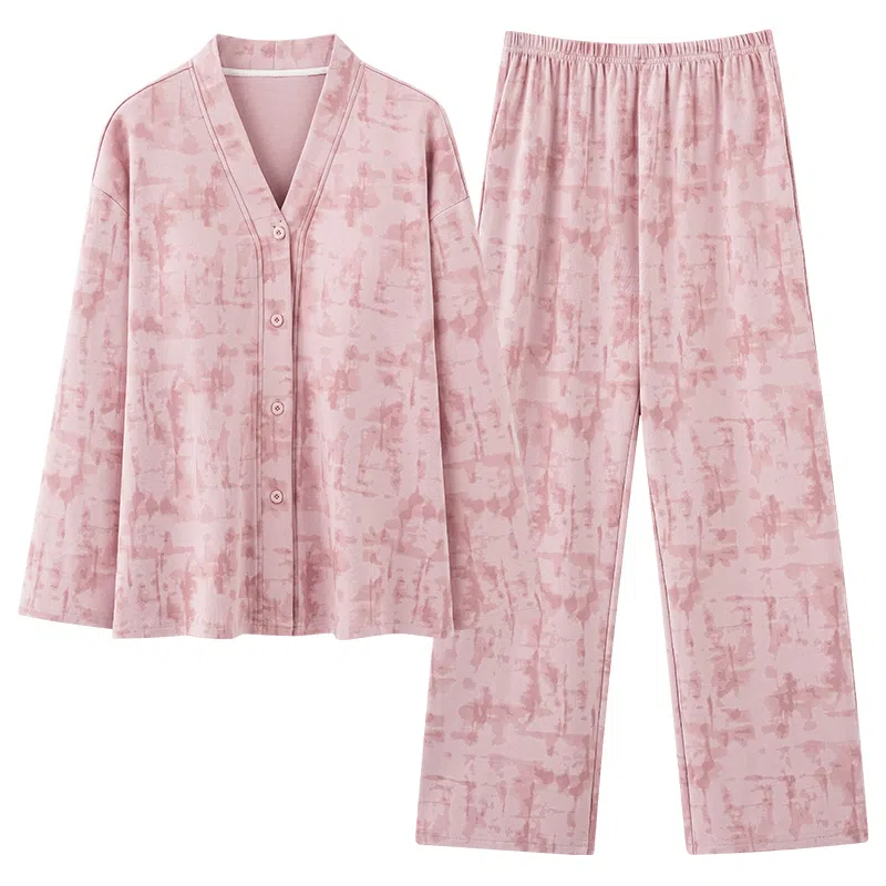 夏芬妍 时尚简约亲肤扎染风纯棉带胸垫开衫家居服舒适休闲长袖长裤可外穿春秋款睡衣套装 女款 粉色