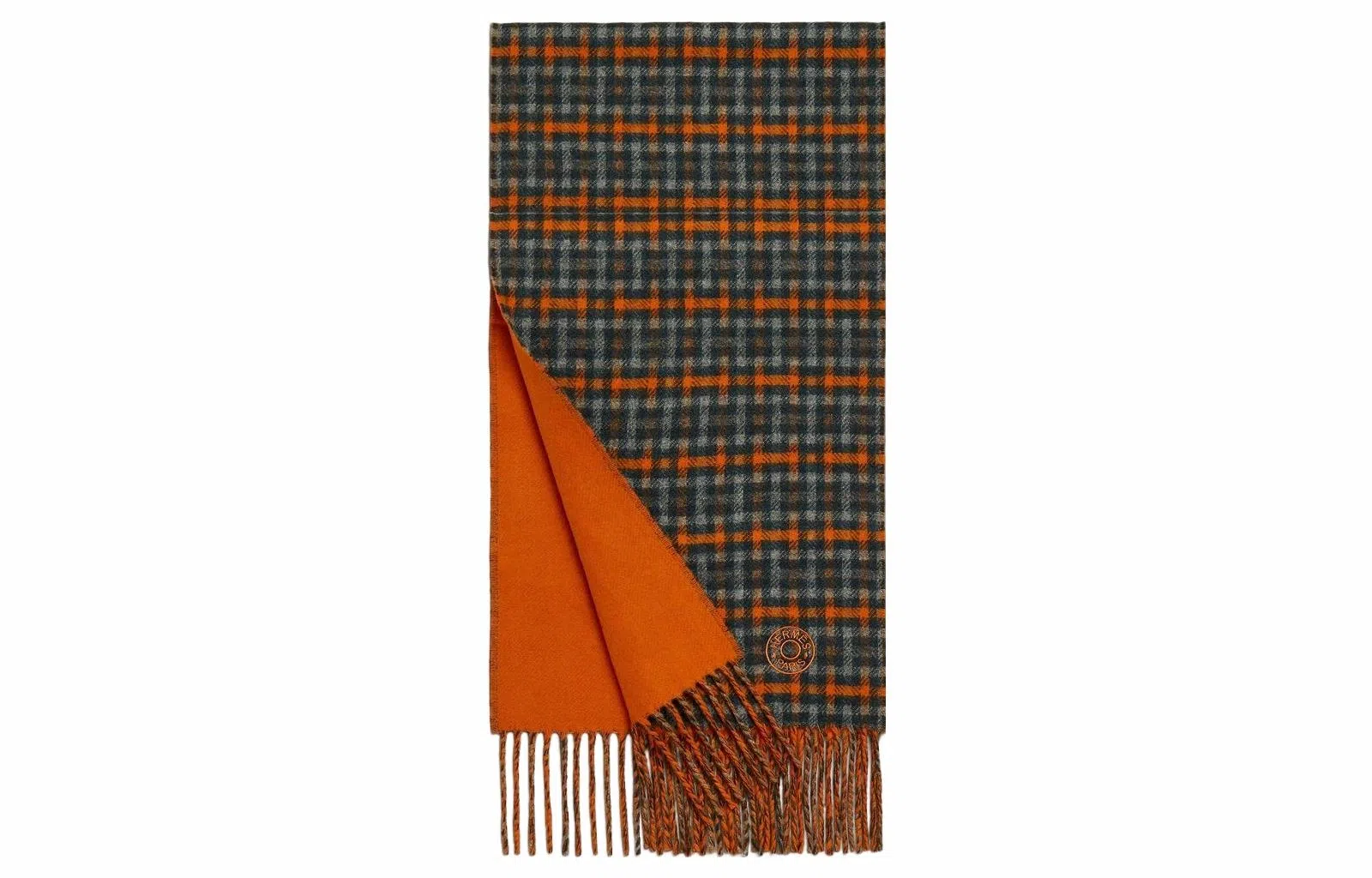 HERMES Plaid Cashmere Scarf Orange