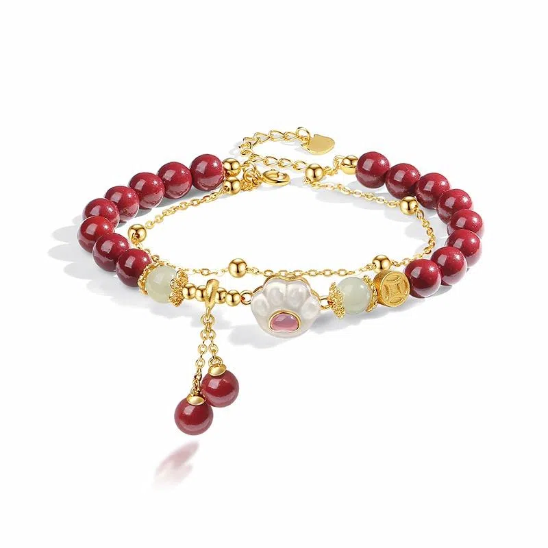 福茹记 新中式本命年可爱招财有钱花猫爪手腕链国风诸事顺利甜美少女感串珠链小众设计钱币转运珠双层叠戴轻奢高级感首饰 朱砂 手链 女款