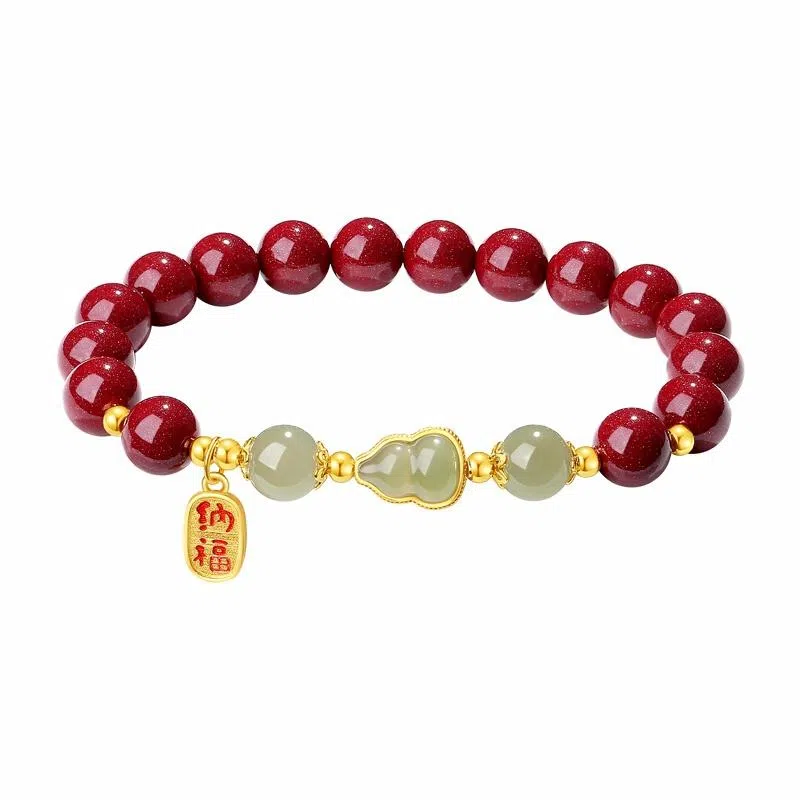福茹记 新中式福禄吉祥葫芦国风转运珠平安纳福招财进宝福牌流苏国潮诸事顺利水逆退散小众轻奢高级感串珠首饰 再造辰砂朱砂 手串 女款