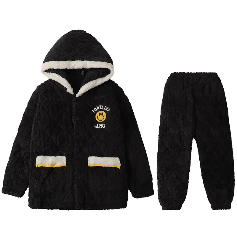 兰缪 男士秋冬季珊瑚绒加绒加厚三层夹棉冬天保暖可外穿家居服睡衣套装 男款