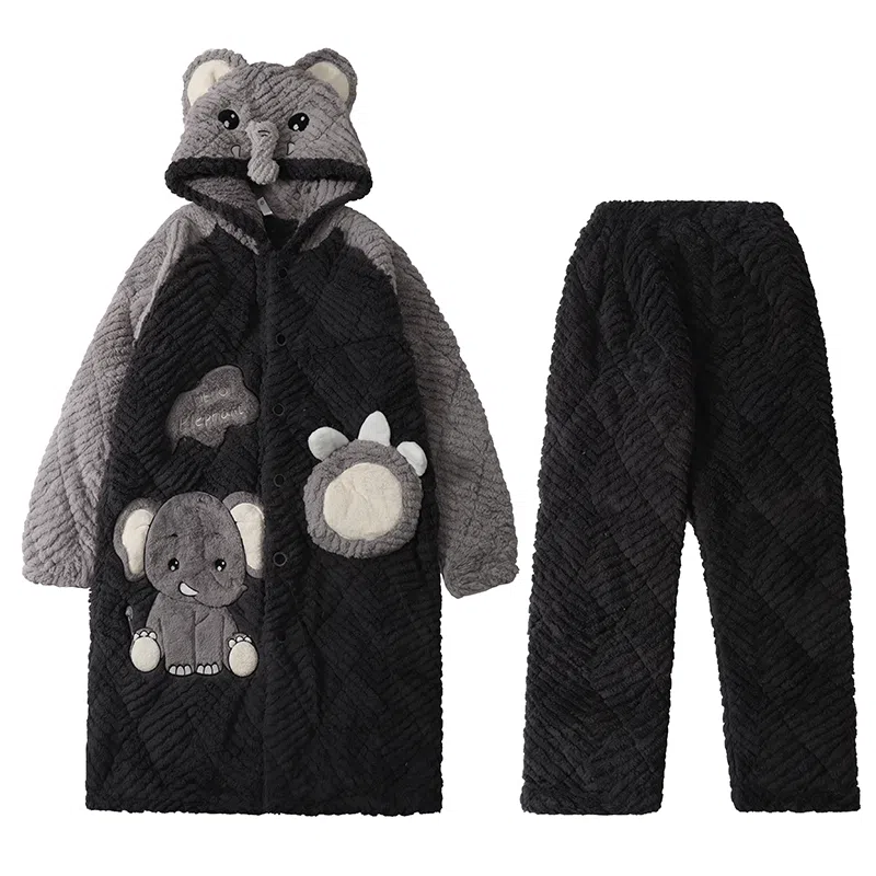 兰缪 保暖加厚连帽长款家居服睡衣套装 男款 图色